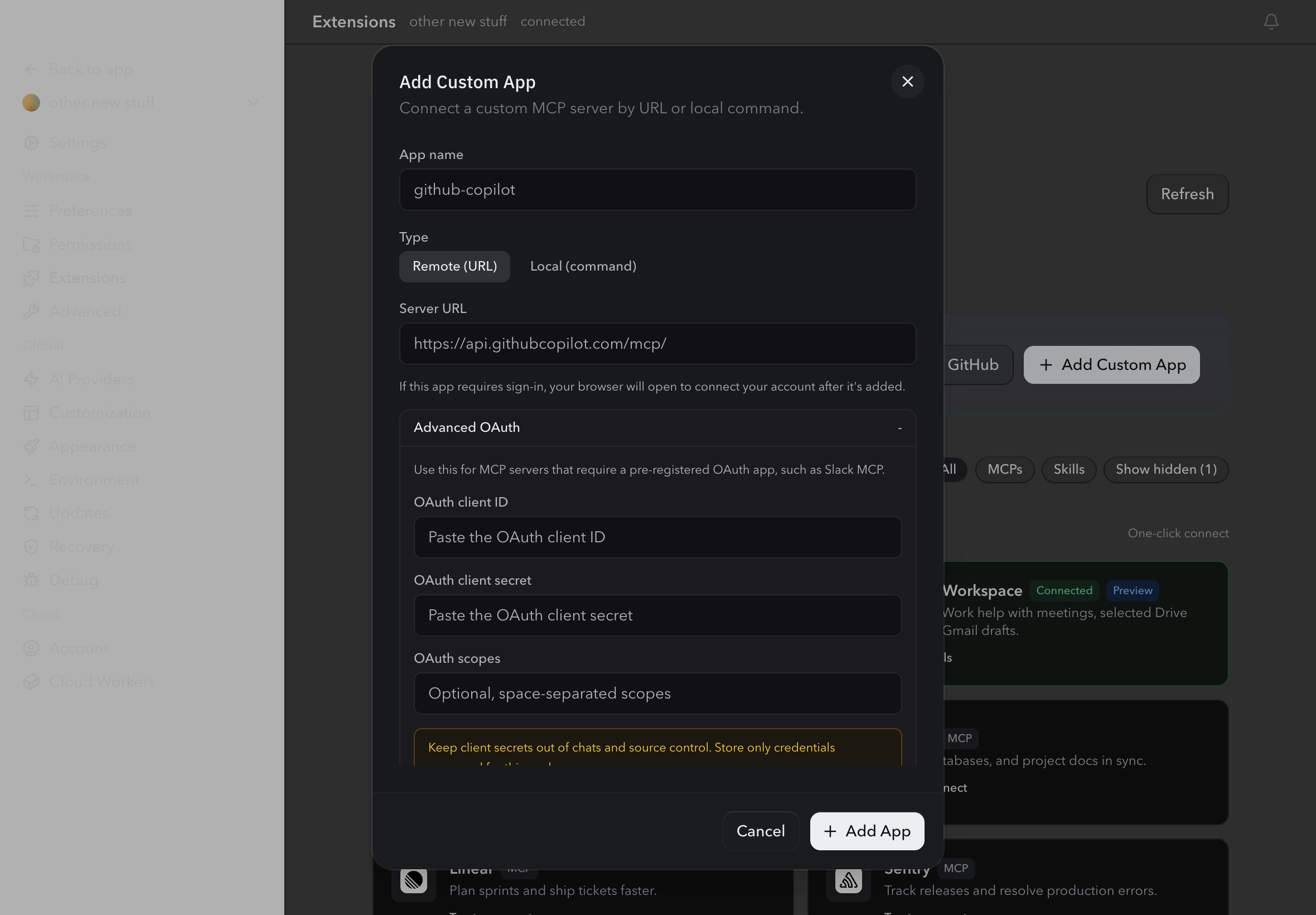 Add Custom App dialog with Advanced OAuth fields for Slack MCP