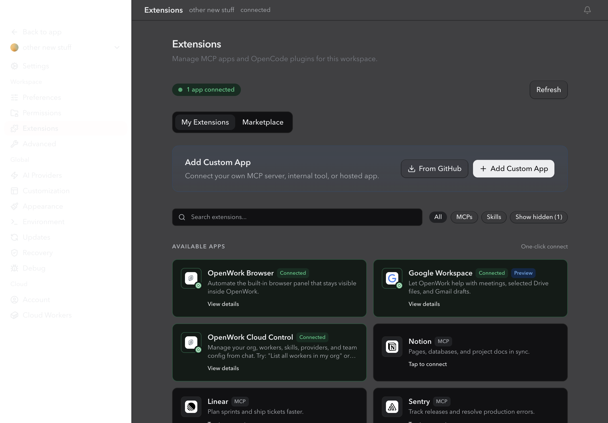TEC-CoWork Extensions page with Add Custom App button